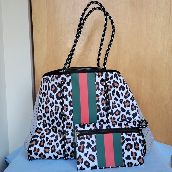 Handbags - NEW Women's Leopard Neoprene Tote Bag & Wallet Set - MULTIPURPOSE ENORMOUS SPACE
